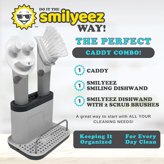 The Original Smiling Sponge Handle Soap Dispensing Handle by Smilyeez for The Smiling Sponge with Smilyeez Caddy & Dishwand with 2 Scrub Brushes (Light Blue)