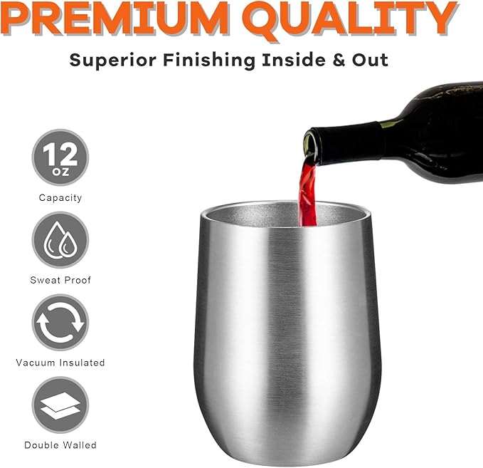 COMOOO 12oz Insulated Wine tumbler with Lid, Stainless Steel Stemless Wine Tumbler Glass,Double Wall Vacuum Wine Tumbler Cups with Straw Coffee, Cocktails,Beer,Champaign Silver, 8 Pack