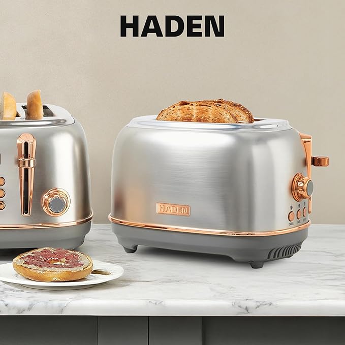 Haden Heritage 2 Slice Wide Slot Stainless Steel Toaster with Adjustable Browning Control & Non-Slip Feet, Steel & Copper