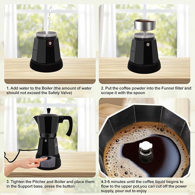 Electric Aluminum Moka Pot 5-6 Cup 270ml Espresso Maker with Detachable Base Ideal Coffee Makers for Home MochaPot Italian and Cuban Café Coffeemaker Espressomaker CoffeePot Black