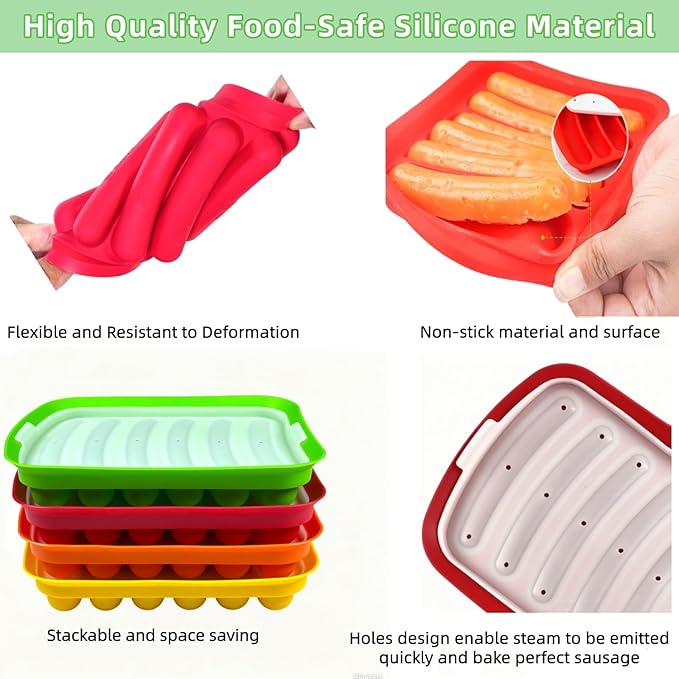 2 Pcs Silicone Sausage Mold with a Set of Silicone Brush Spatula and 25x Pastry Bags,Non-Stick Hot Dog Bun Pan,DIY Handmade Ham Sausage,Hot Dogs Baking Mold for Children's Food with Lid(Red,Green)