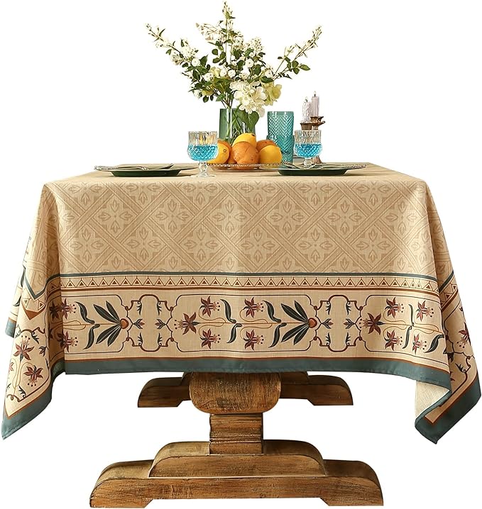 patdrea Designer Beige French Linen Small Tablecloth for Square Table,Anti-Wrinkle Durable Floral Table Cloth,Decor Cover for Kitchen Dining,Tea Party,Christmas,Thanksgiving,55"x55"-Fram