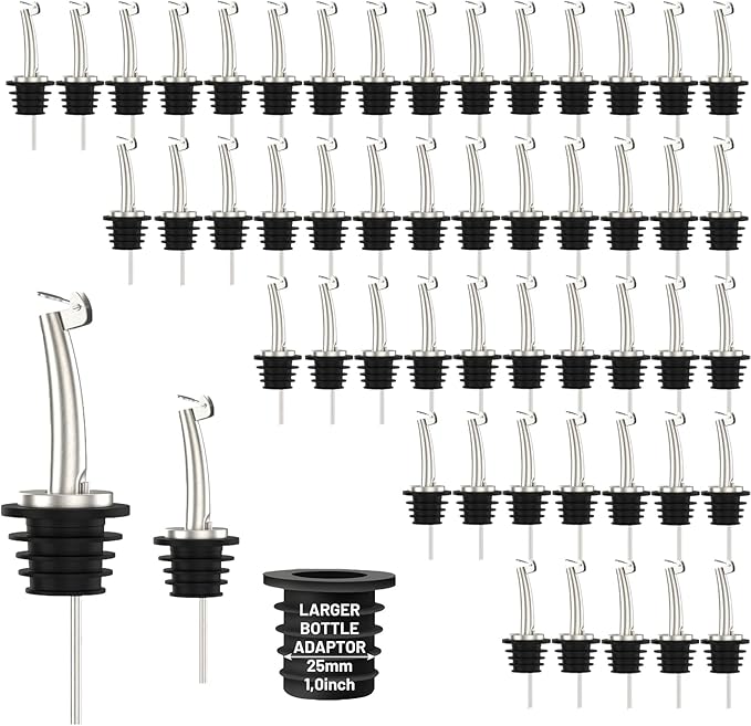 48-Pack Auto Flip Liquor Bottle Pourers with Adapters, Liquor Pour Spout Adapters set for for Large Olive Oil Bottles and Liquor Bottles - Up to 1 Inch/25mm Neck Converts Spout into Large Pour Spout