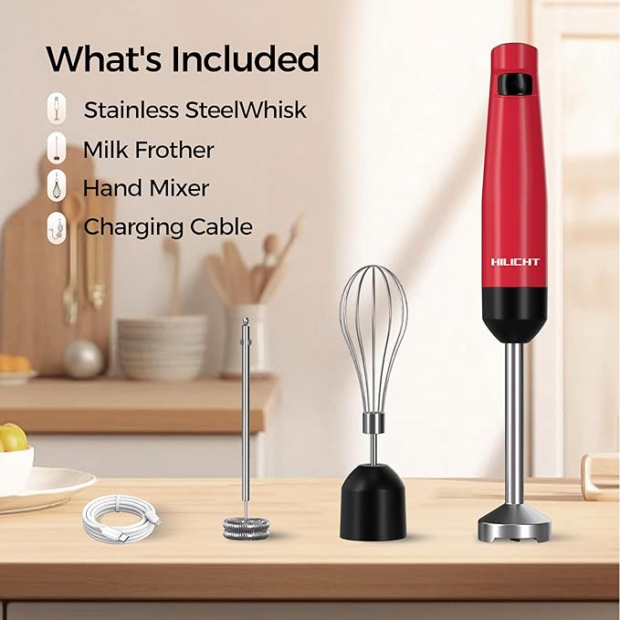 Cordless Hand Blender, 12V Rechargeable Immersion Blender with Brushless Motor, 60+ Bowls per Charge, 2-Blade, Auto Lock, Whisk & Frother for Soup, Smoothies, Baby Food