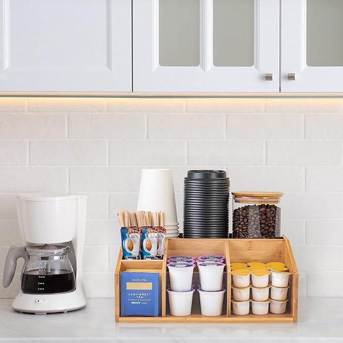 Bamboo Coffee Station Organizer for Countertop, Coffee Bar Accessories Organizer with 6 Compartments for Tea Bags Condiment, Pods, Creamer, Syrup, Cups