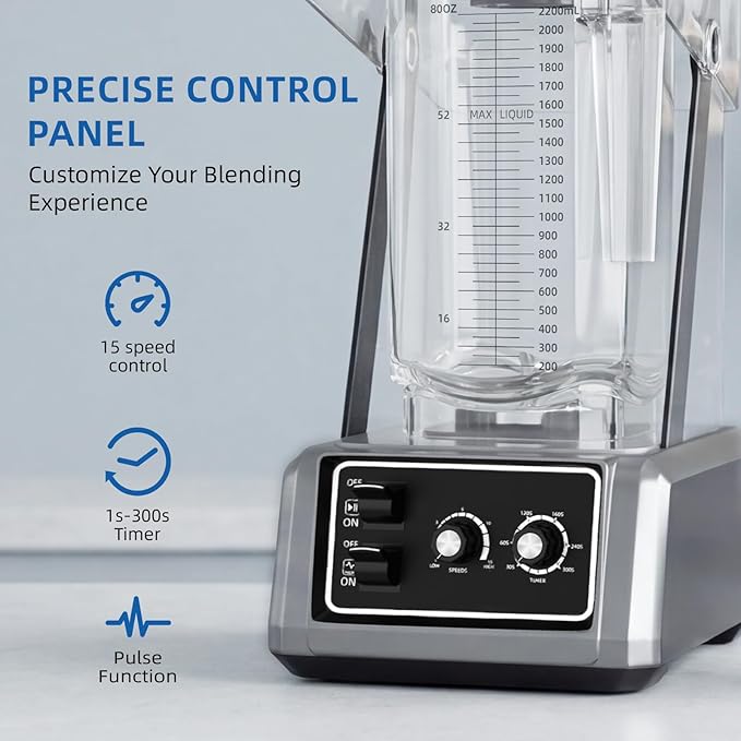 BLEOU Commercial Quiet Shield Blender, 2200W Professional Smoothie Blender with Timer & 15-Speed Control, 80oz/2.2L BPA-Free Pitcher for Cafes, Bars and Home Use