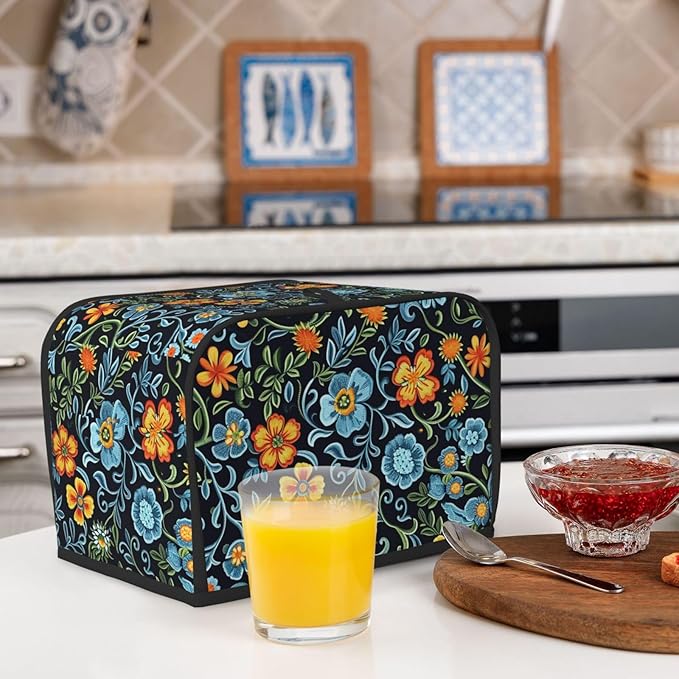 Blue Floral Toaster Cover 2 Slice, Cute Rural Bread Machine Cover, Washable Dust-Proof Cover for Kitchen Small Appliance Cover,with Top Handle