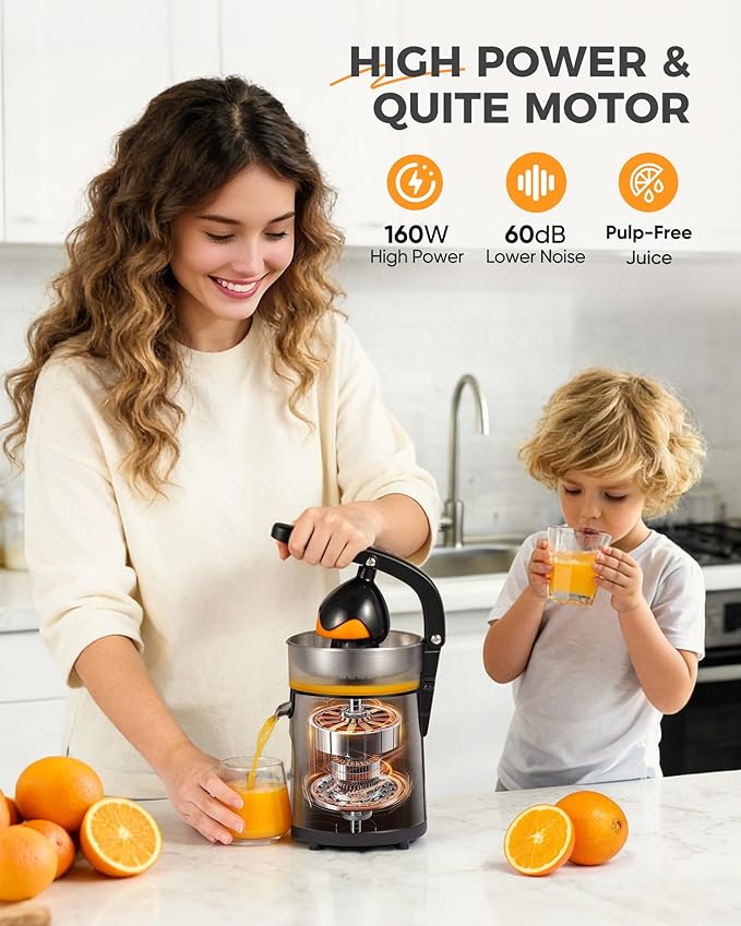 Electric Orange Juicer, Citrus Juicer Squeezer with 2 Interchangeable Cones, 160W Electric Juicer Machine with Stainless Steel Body & Transparent Juice Collector for Lime Grapefruit Lemon