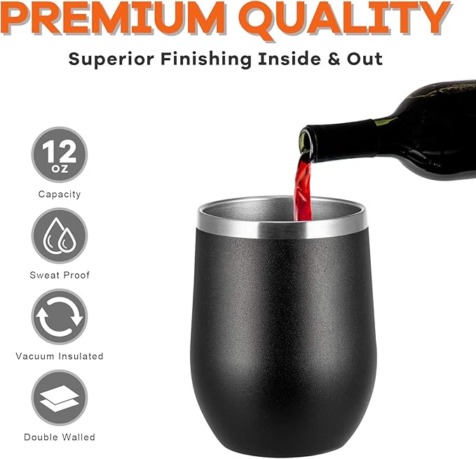 COMOOO 12oz Stainless Steel Wine Tumbler with Lid and Straw, Double Wall Vacuum Insulated Wine Tumbler Cup for Hot and Cold Drinks, Wine, Coffee, Champaign, Black, 4 Pack