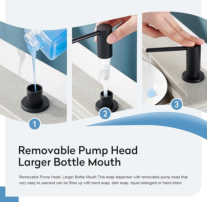 Kitchen Sink Soap Dispenser with 17 OZ Bottle and 40" Extension Tube Kit, Stainless Steel Built-in Soap Dispenser for Kitchen Sink or Countertop, in or Under Sink Installation, Matte Black