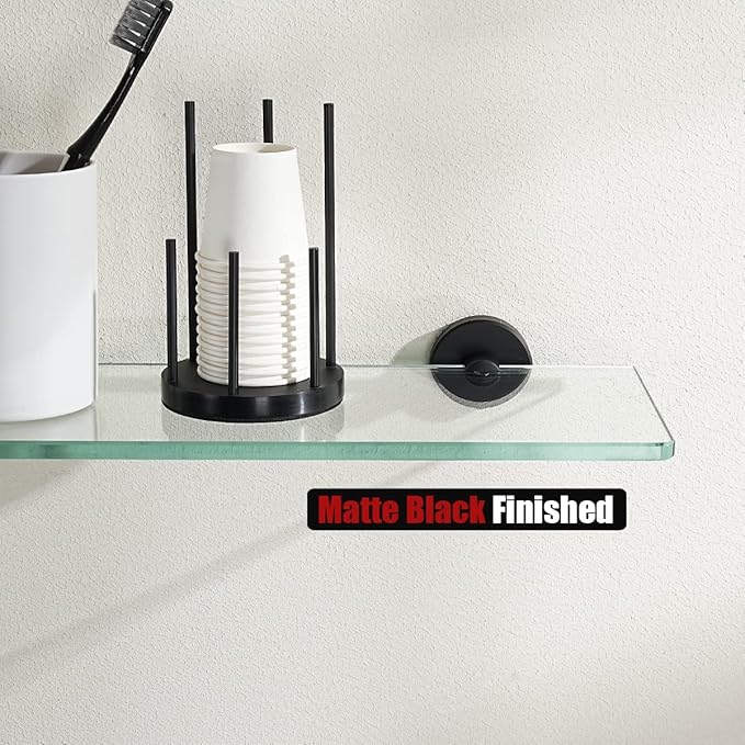 JQK Bathroom Glass Shelf Black, Tempered Glass Shower Storage 12 by 5 inches, 304 Stainless Steel Matte Black Wall Mount 2 Pack, TGS101L12-PB-P2