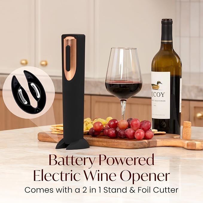 Electric Wine Opener Battery Operated and Electric Wine Preserver with Stoppers Gift Bundle Set (Black & Rose Gold)