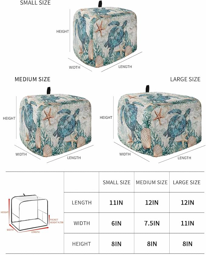 Teal Sea Turtle Toaster Cover 2 Slice, Coastal Coral Ocean Dustproof Bakeware Oven Protector with Top Hook, Nautical Vintage Waterproof Small Kitchen Appliance Toasters Dust Cover, 12"x7.5"x8"