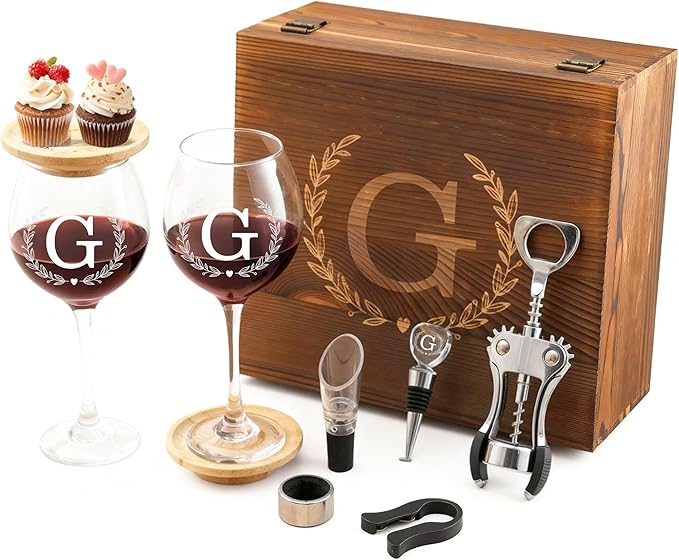 GZLDGIFTS Personalized Initial Wine Glasses Box Gift Set For Women Mom Engraved Birthday Monogrammed Wooden Christmas Gifts Wedding Anniversary Wine Couples Stopper Opener Initial Letterr (G Set)