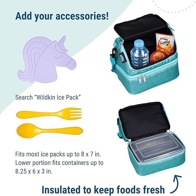 Wildkin Kids Two Compartment Insulated Lunch Bag – Keeps Food Hot or Cold, Easy-Clean Lining, Leak-Resistant & BPA-Free – Boys & Girls, Ideal for School, Travel & Daycare – Blue Glitter