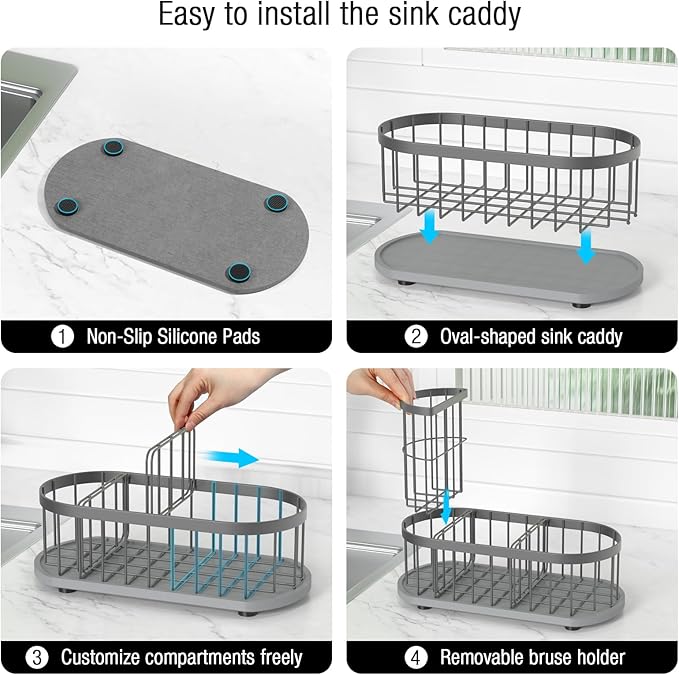 Sponge Holder for Kitchen Sink with High Brush Holder, [Stay-Dry Anywhere & No Drainage Needed] Rustproof Stainless Steel Kitchen Sink Caddy Organizer with Water Absorbing Stone Tray, Grey