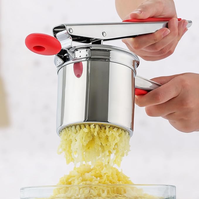 Zulay Kitchen Premium Large 15oz Potato Ricer, Heavy Duty Professional Stainless Steel Potato Masher and Ricer Kitchen Tool, Press and Mash Kitchen Gadget - Red and Silver Fixed Disc