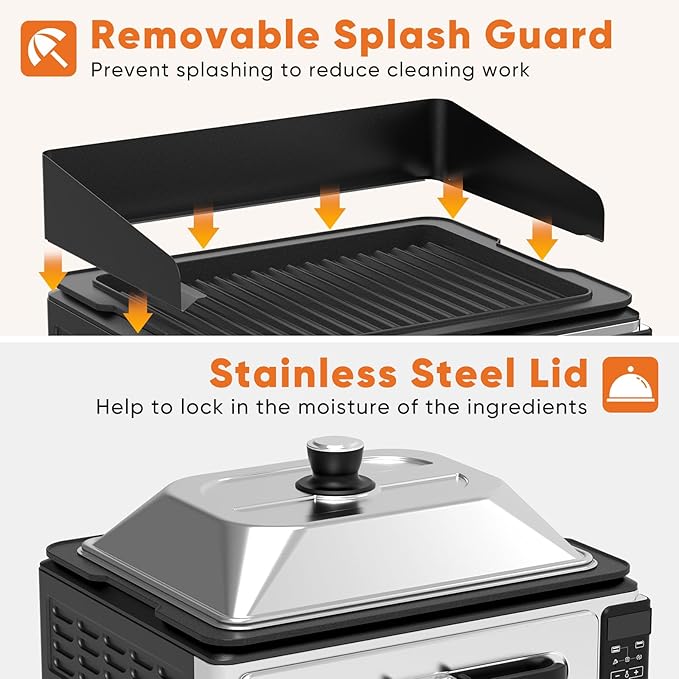 OLIXIS Electric Grill Indoor for Steak and Veggies, Smokeles Griddle with Lid for Kitchen Cooking, Countertop Oven Includes Temp Control/Grill Plate/Splash Guard/Crumb Tray, Silver