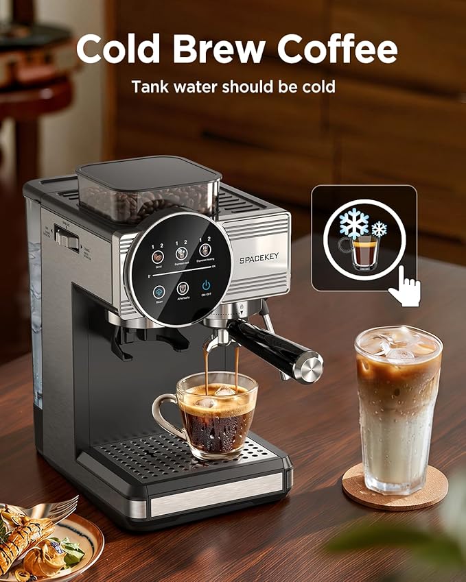 Spacekey Espresso Machine with Grinder - 20 Bar All-in-One Coffee Maker with Milk Steam Wand/Frother, Cold Brew, 30 Grind Settings, 60oz Removable Tank - Home Barista Kit for Lattes, Cappuccinos