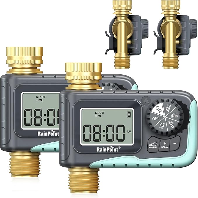 RAINPOINT Sprinkler Timer, 100% Metal Pipe Water Timer for Garden Hose, Programmable Hose Controller for Watering, Sprinkler Controller with Manual Watering/Rain Delay for Outdoor Lawn & Garden (2PCS)