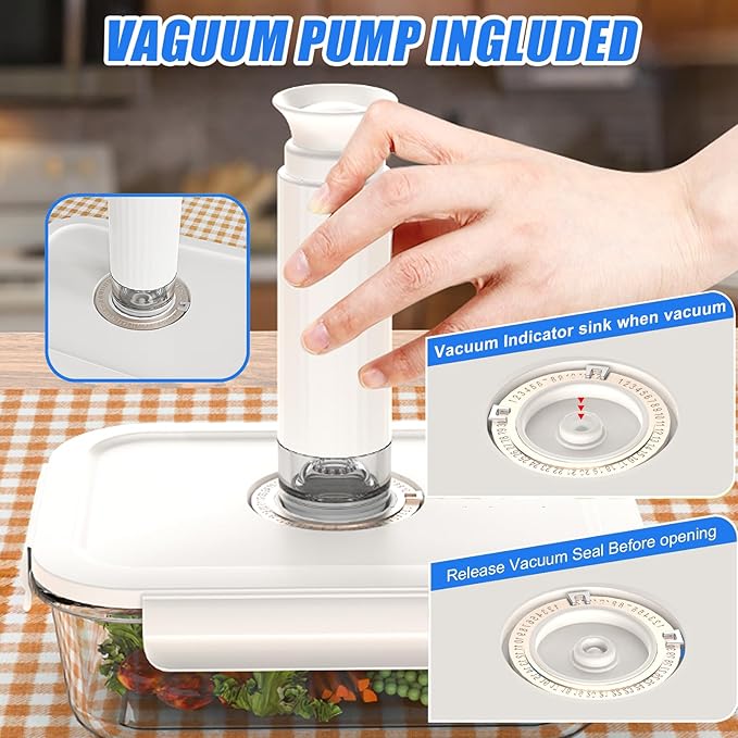 Vacuum Sealer & Food Storage Container for Food, Handheld Vacuum Pump For Glass Vacuum Storage Containers|2 compartment L [34.5 Oz-4 PACK] & 10 Reusable Food Saver Sealer Bags [8.5 Cups]