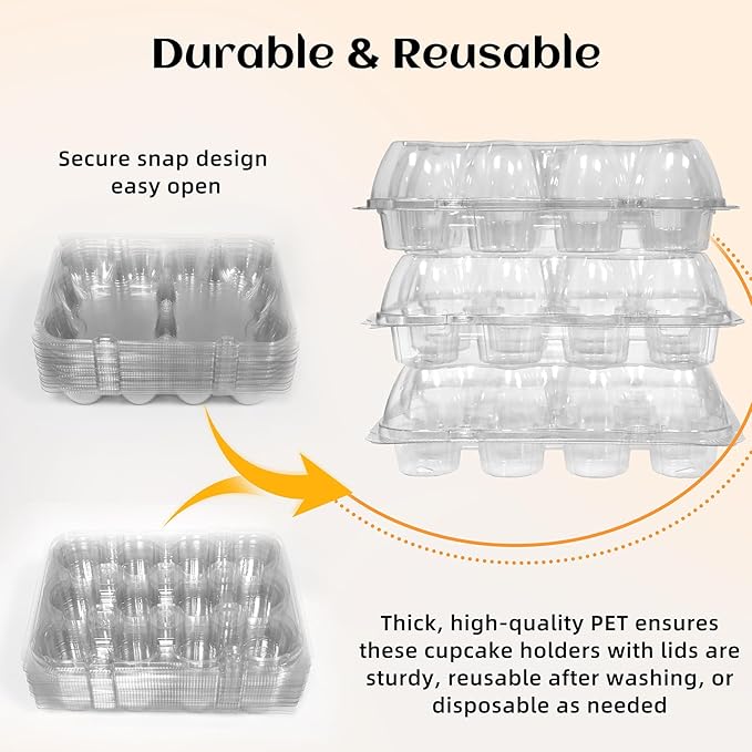 WIKDAY 12 Count x 12 Sets Plastic Cupcake Containers, Durable and BPA-Free Cupcake Holder with Lid for Easy Transport Storage, Stackable Clear Cupcake Carriers, Reusable Dessert Boxes