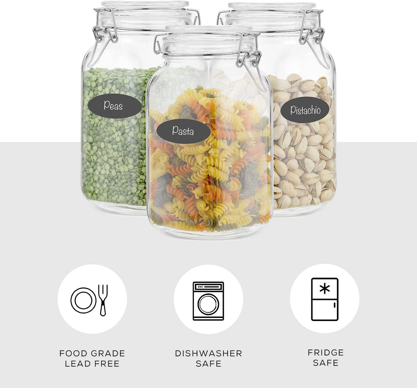 Airtight Glass Jars with Lids Set of 3. 50oz Glass Jar with Lid and 6 Silicone Seals! Med Glass Food Storage Containers. Square Mason Jar, Flour Jar, Candy or Cookie Jars for Kitchen Counter