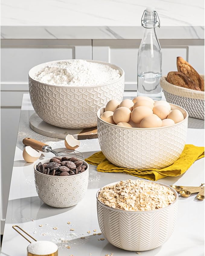 Ceramic Mixing Bowls, Embossed Nesting Bowls Set of 4, Mixing Bowl Set for Serving, Baking, Cooking and Gift, Microwave and Dishwasher Safe, 20/47/99/148 oz, Off-White