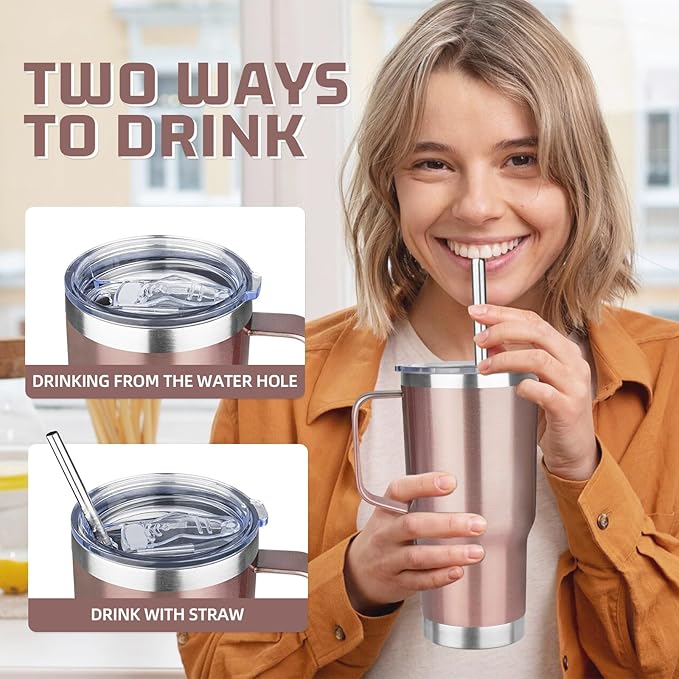 20 oz Tumbler with Handle Stainless Steel Insulated Coffee Tumbler with Lid and Straw Double Wall Vacuum Insulated Coffee Mug Leak Proof Travel Mug Tumbler for Hot and Cold Drink (Rose Gold,1pack)