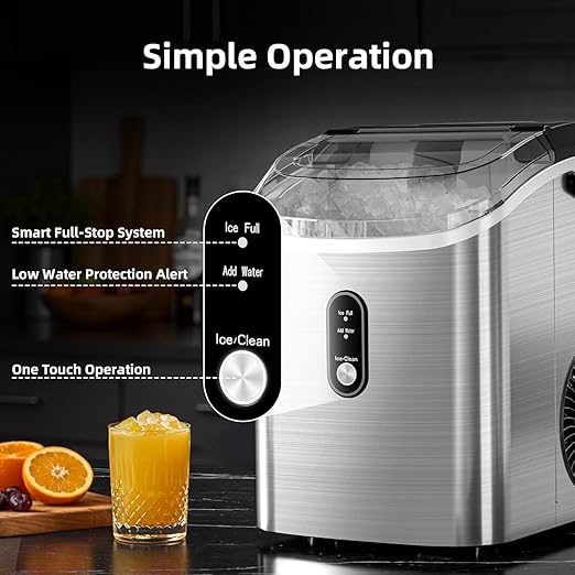 Antarctic Star Nugget Ice Maker Countertop, 34 lbs/Day Pellet Ice Machine with Self-Cleaning, Fast Ice Ready in 10 Minutes, Portable Ice Maker with Handle for Home, Office(Stainless Steel Silver)