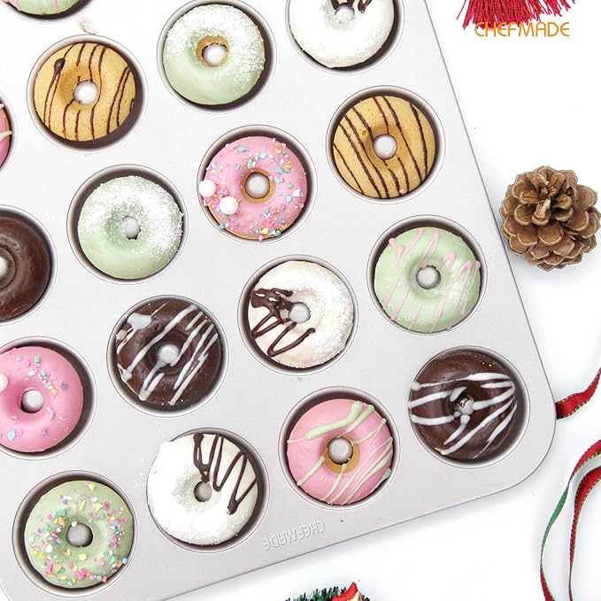 CHEFMADE Donut Mold Cake Pan, 20-Cavity Non-Stick Ring Doughnut Bakeware for Oven Baking (Champagne Gold)