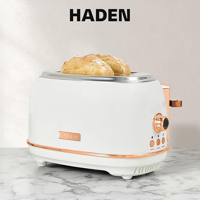Haden Heritage 2 Slice Wide Slot Stainless Steel Toaster with Adjustable Browning Control & Non-Slip Feet, Ivory & Copper