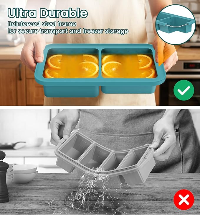 DOQAUS Silicone Freezer Molds, Reinforced Steel Frame 2-Cup Ice Cube Trays with Lid, 2 Pack 2-Cavity BPA-Free Soup Containers for Meal Prep, Kitchen