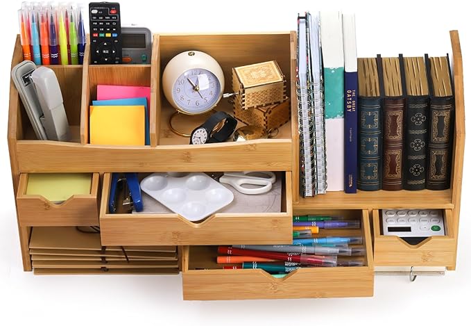 Lawei Bamboo Desk Organizer with Adjustable File Holder, Mini Desk Drawer Tabletop Organization Box with 4 Drawers for Makeup, Letter, Pens, Home Office Supplies, Vanity, 3 Layer, Fully Assembled