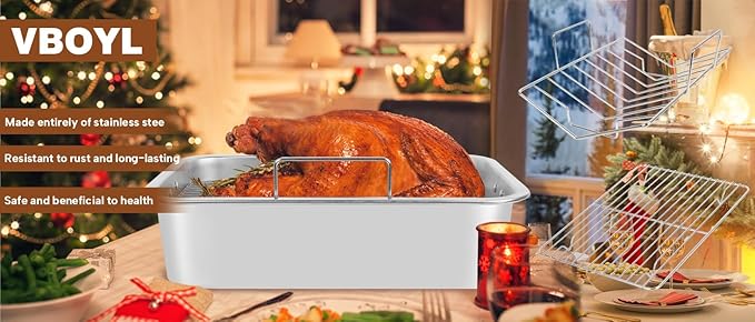 Roasting Pan,VBOYL 16" 3-Piece Roasting Pan Set: Deep Pan + Flat & V-Racks. Ideal for Turkey, Chicken, Veggies, Lasagna. Heavy-Duty, Non-toxic, Easy Clean, Dishwasher Safe.
