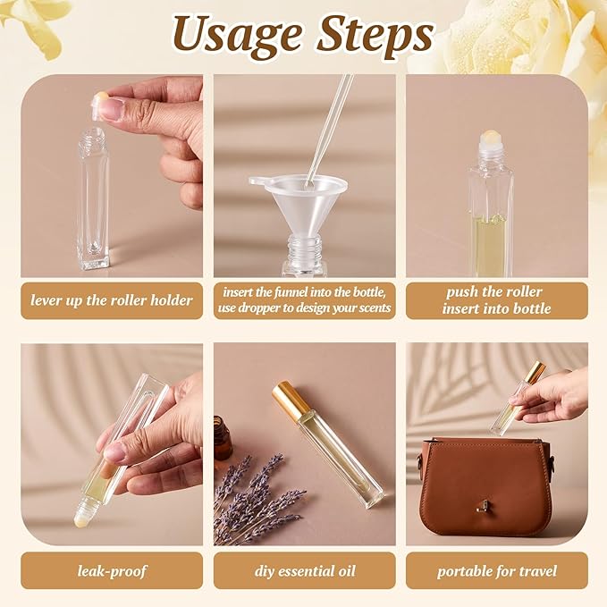 Domensi 30 Pack 10ml/0.34oz Glass Essential Oil Roller Bottles with Gold Quartz Roller Ball, Refillable Leak-proof Travel Perfume Roll on Bottles for DIY Aromatherapy, Skincare & Samples