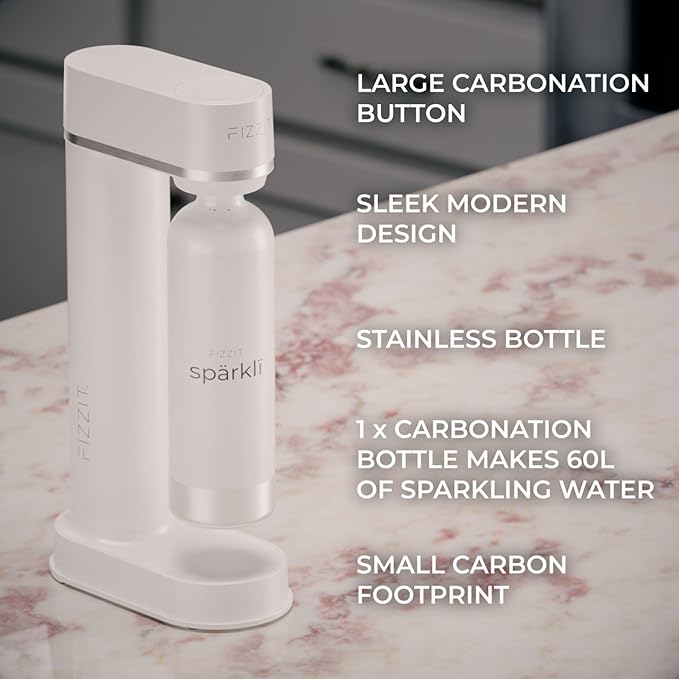 Fizzit Spärklï Stainless Steel Sparkling Water Maker with 2 CO2 Cylinders & 1L Reusable Bottle – Soda Streaming Machine Carbonated Water Maker for Home – No Electricity Needed, Dishwasher Safe