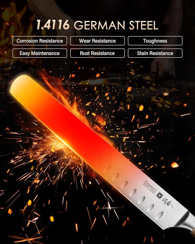 Mitsuharu 10.75" Slicing Knife, SHOMAN Series Brisket Knife for Meat Cutting with Ergonomic Olive Wood Handle, German Steel Meat Carving Knife for BBQ Brisket Turkey Ribs Roast Beef with Case