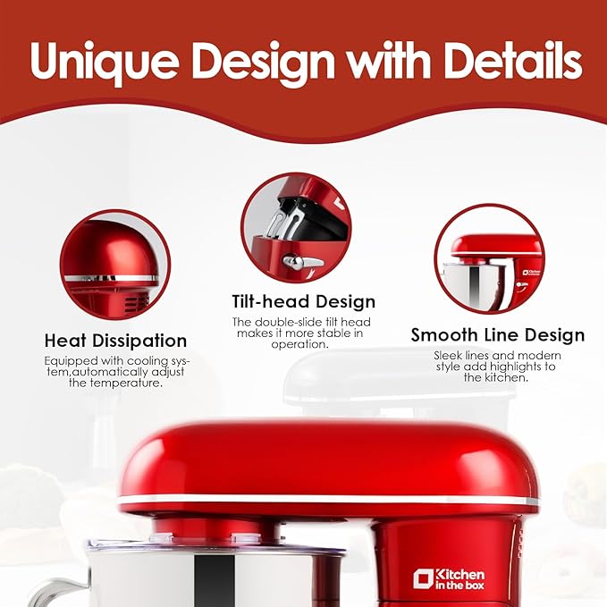 Kitchen in the box Stand Mixer - 8.5 Quart Mixing Bowl with Handle, 900 Watt Heavy Bread Dough Standing Mixers Tilt-head with Dough Hook, Whisk, Flat Beater and Splash Guard (Red)