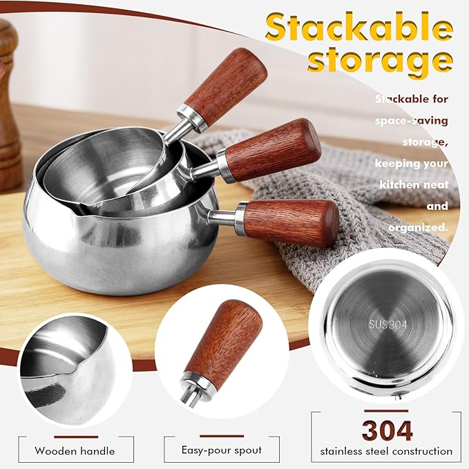 3 Pieces Stainless Steel Mini Sauce Pan with Wooden Handle & Spout, 1.7/3.4/5.1 Oz Silver Small Butter Warmer Saucepan, Reusable Sauce Pot Dipping Bowl (Silver)