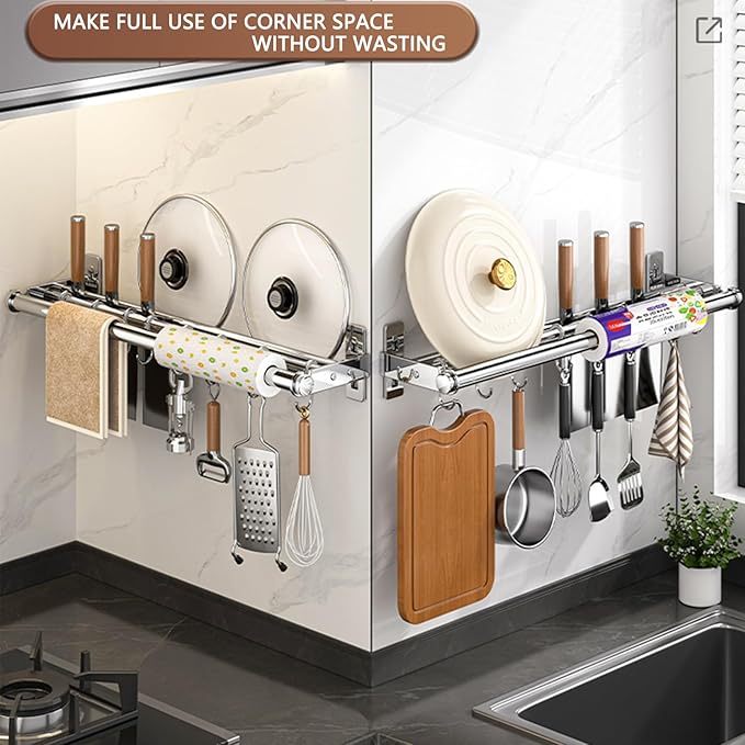 Hanging Wall Mount knife Wall Mount, Kitchen Organizer Storage Shelf for Utensils Spatula Spoon, Space-Saving Knife Rack with Hooks,Wall-Mounted Utensil Holder (Grey, 40CM+Three Poles+6Hooks)