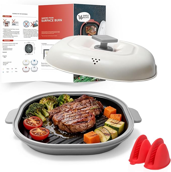AHJ Microwave Grill Pan with Lid, Microwave Cooker Multi-Use for Grilling, Frying, Browning and Crisping, Microwave Griller & Crisper Pan for Grill Meat, Sandwich, Vegetable, Egg, Potatoes (Gray)