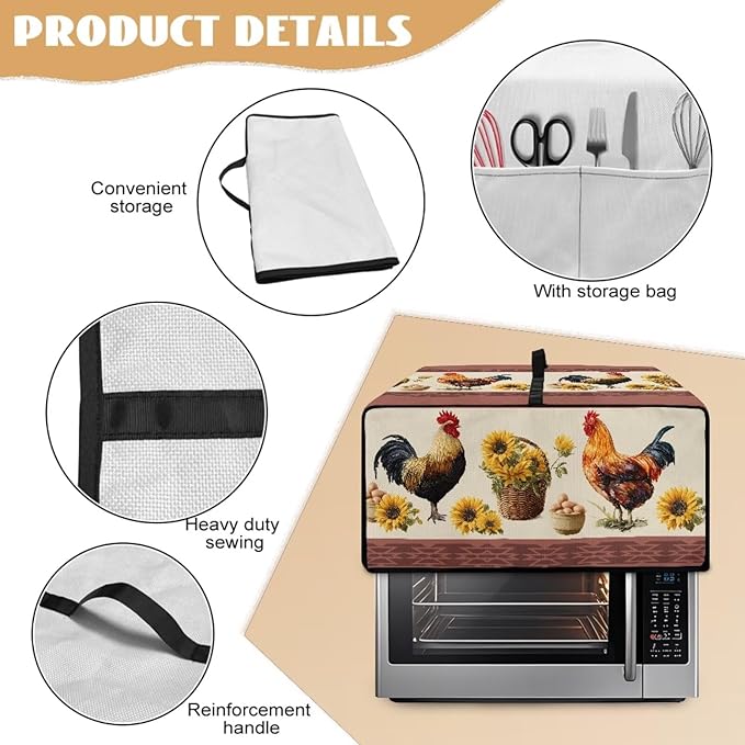 Air Fryer Toaster Oven Dust Cover Washable Convection Oven Cover Farmhouse Kitchen Appliance Protector Decorations Countertop Accessories, M, Rooster Chicken Eggs Sunflower