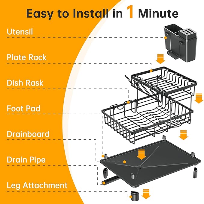 Dish Drying Rack, 2 Tier Dish Racks for Kitchen Counter, Compact Drying Rack Kitchen, Rust-Resistant Dish Drainer, Detachable Space-Saving Dish Rack with Drainboard, Utensil Holder, Black