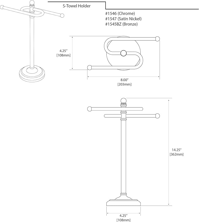 Gatco 1546MX Modern Round Base Freestanding Countertop S Style Towel Holder, Matte Black / 14.25" H x 8" W S-Shape Countertop Towel Rack/Hand Towel Holder for Bathroom, Kitchen