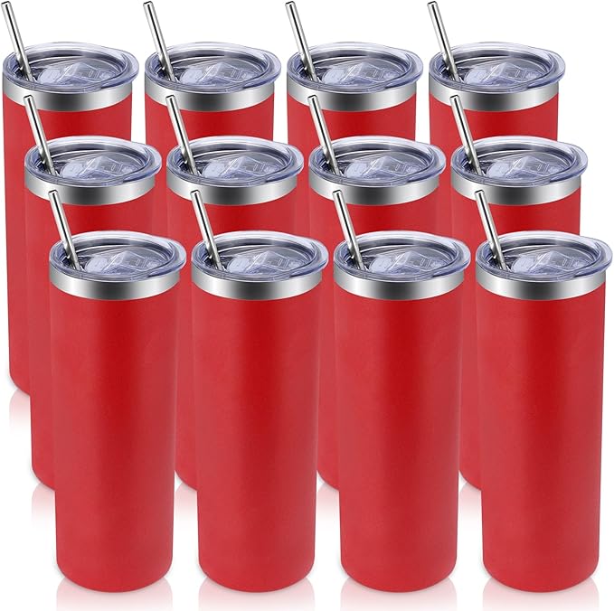 Volhoply 12 Pack Skinny Tumblers with Lid and Straw, 20oz Stainless Steel Straight Tumbler Bulk, Vacuum Insulated Coffee Mug for Home, Office, Travel, DIY (Red,12 Pack)
