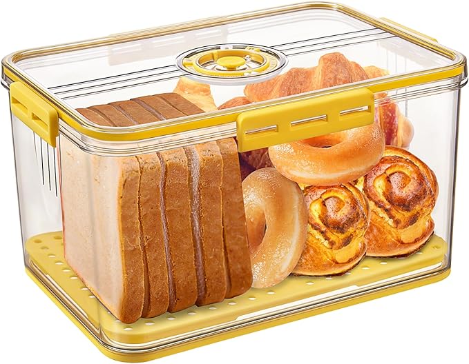 Gifhomfix Bread Box Bread Boxes for Kitchen Counter Airtight, Time Recording Bread Storage Container with Lid, Bread Keeper for Homemade Bread, Toast, Bagel, Donut and Cookies, LARGE Yellow