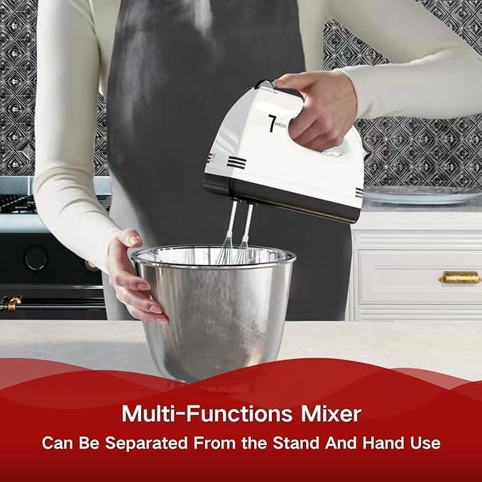 Stand Mixers, 7 Speeds With 3QT Stainless Steel Bowl, Stand and Hand Mixer with Dough Hook, Whisk, Mixing Beater for Baking, Cake, Cookie, Kneading (BU2)