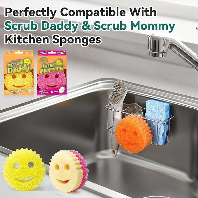 3-IN-1 Multiuse Sponge Holder for Kitchen Sink, Sponge Caddy for Scrub Daddy/Scrub Mommy Smiley Face, Sink Organizer Accessories for Dish Brush, Scrubber - with 2 Suction Cups & 1 Adhesive Hook