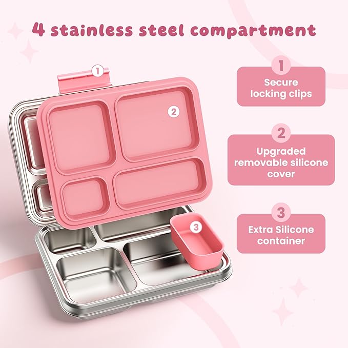 Stainless Steel Bento Box, 4-Compartment Metal Lunch Box with Removable Silicone, Lunch Container for Kids & Adults with Silicone Inner Container, School, Office, Dishwasher Safe(Pink)
